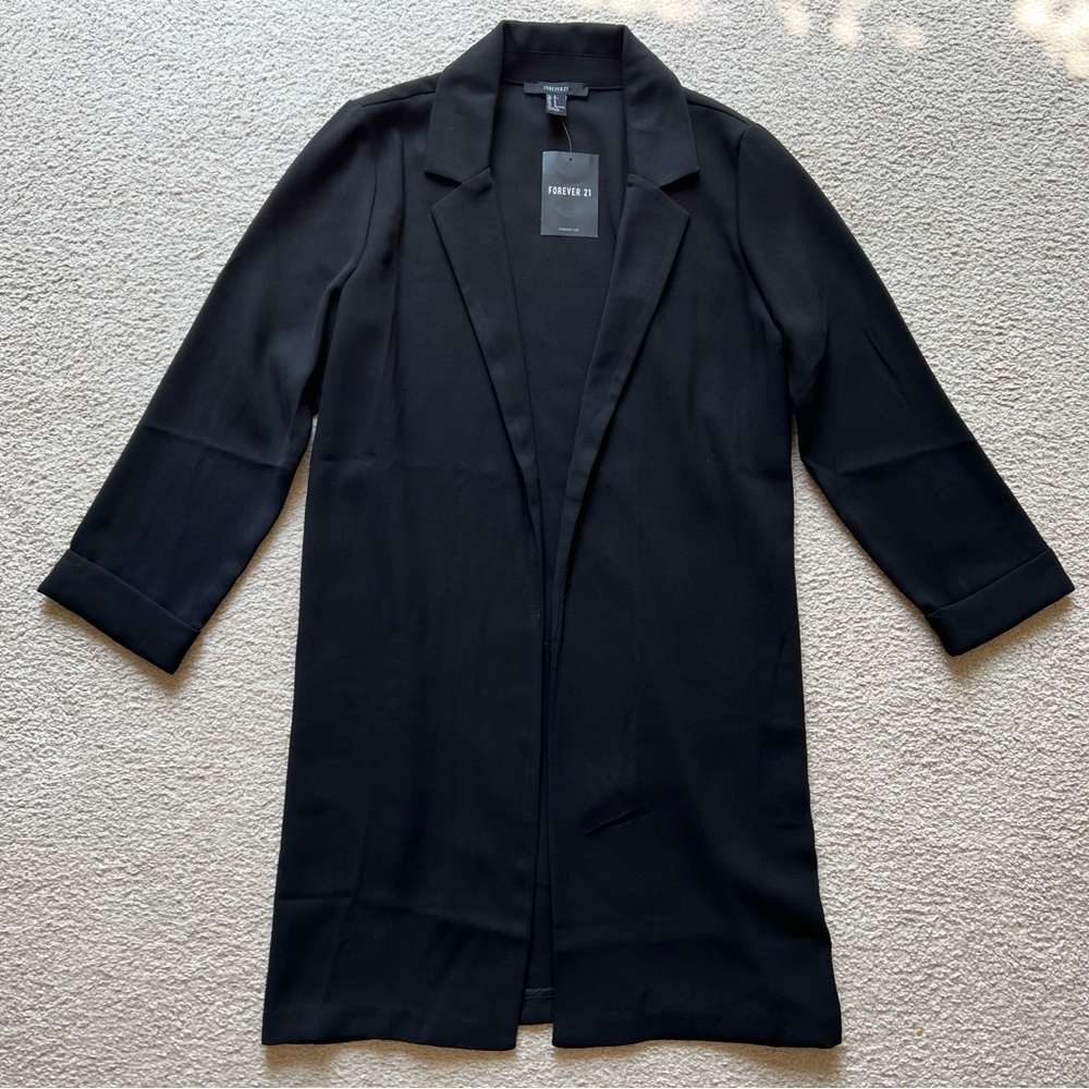 Forever 21 Women Notch Lapel Mid Long Coat Overcoat Thin Jacket 3/4 Sleeve Black